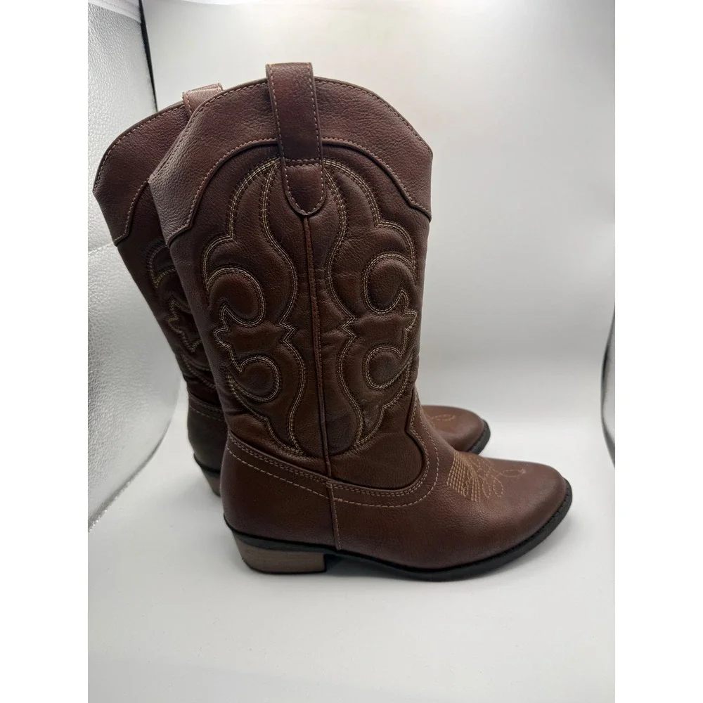 Cat & Jack Western Cowboy Boots Kids Size‎ 3 Brown Faux Leather Side Zip Stitch